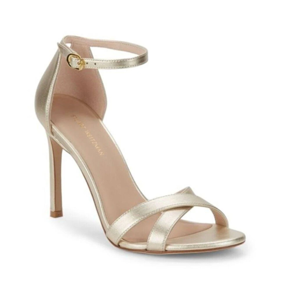 SOLD Stuart Weitzman Nudistsong Cross Ankle Strap Sandal Gold Metallic Napa 11